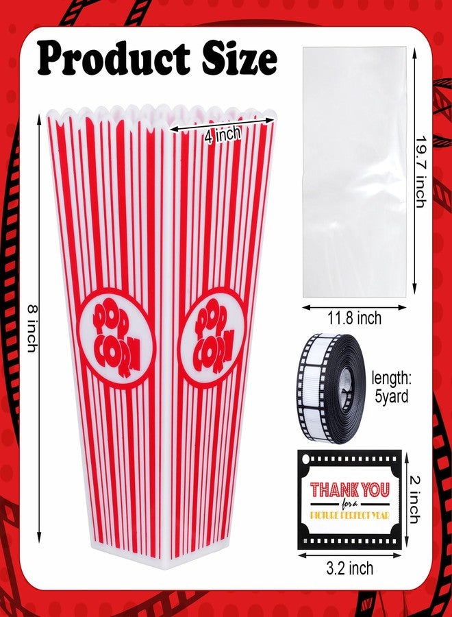 Engrowtic 6 Sets Movie Night Popcorn Plastic Bucket Gifts Basket 4''x8'' Plastic Movie Night Popcorn Empty Box Containers Cellophane Wrap Bag with Gift Card and Filmstrip Ribbon for Teacher Gift - Image 2